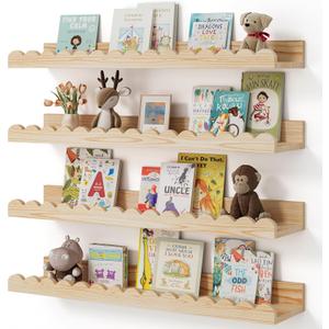 Shario Nursery Book Shelves, 4-Pack Wood Floating Shelves for Wall Kids, Scalloped Shelves, Wall Book Shelves for Bedroom Kids, Toddler Room, Baby Room, Nursery Decor (Wood, 23 Inches)