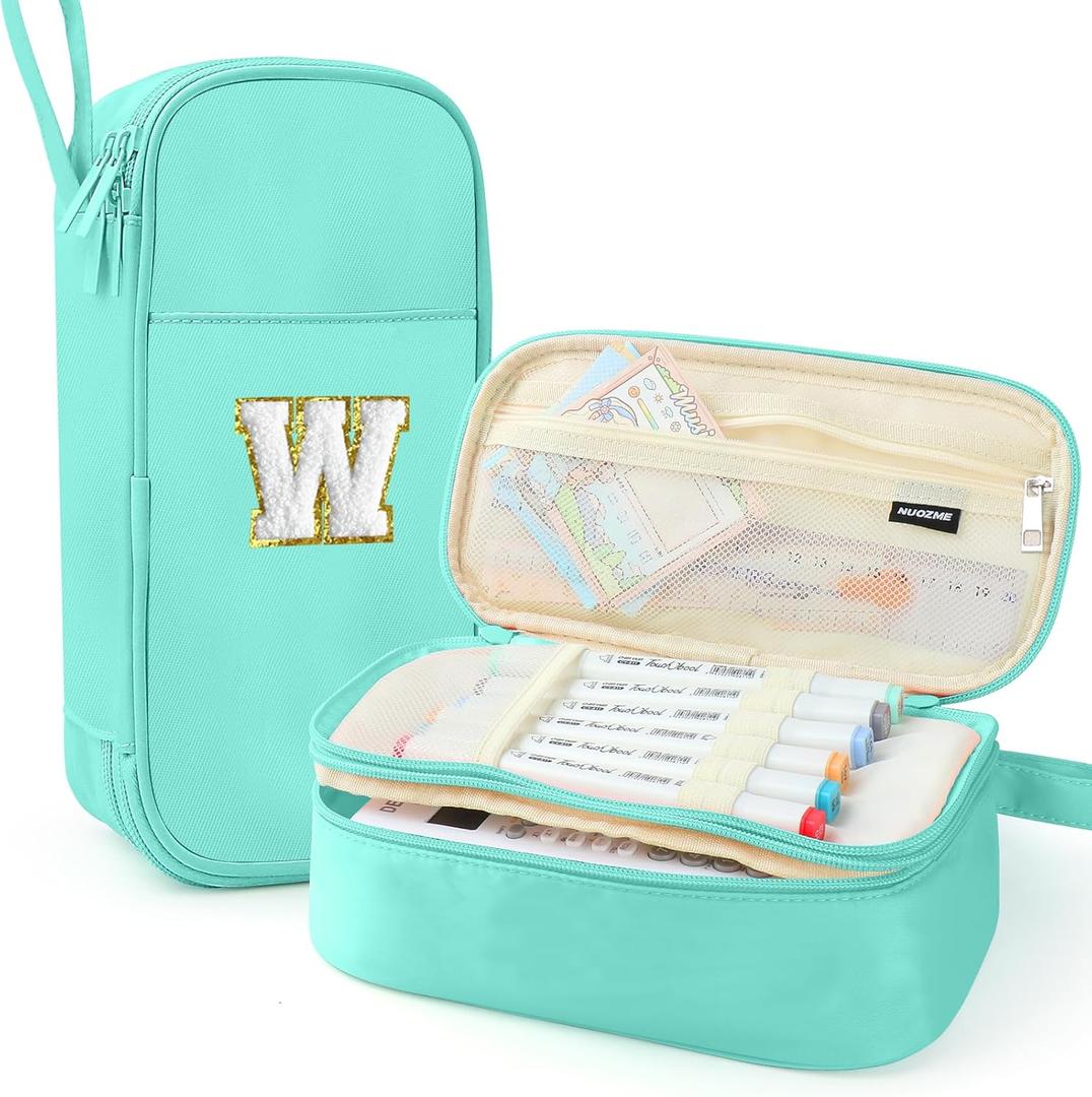 Large Pencil Case,Big Capacity Pencil Pouch,Personalized Initial Pencil Bag with smooth zipper,Multiple Pockets,Cute Aesthetic Stationery Pen Case Bag for Teen Girls College (Mint Green, W)
