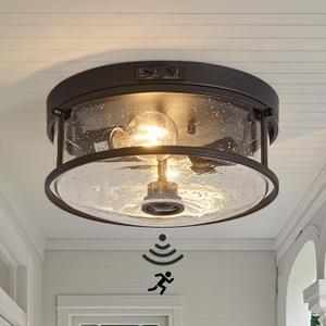 Outdoor Ceiling Light with Motion Sensor, 2-Light Flush Mount Ceiling Fixture, 3 Adjustable Lighting Modes, Flush Light Fixture for Porch, Garage, Entryway, Patio, Bulb Not Included, Matte Black