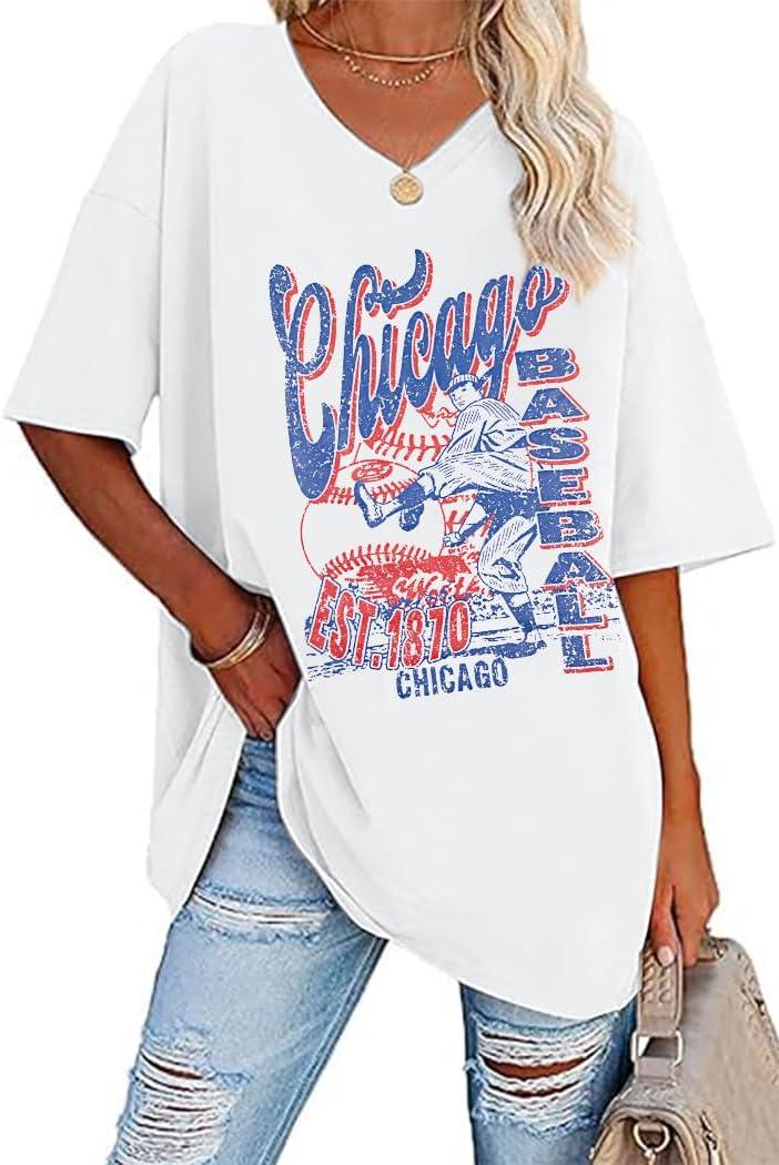 FLOYU Oversized Chicago Baseball Shirt Women Baseball SeasonTops Chicago Fan V Neck Short Sleeve Shirt (X-Large, White)