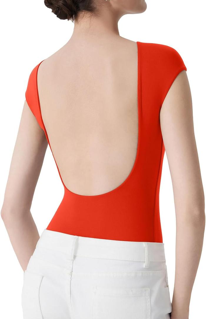 SUUKSESS Women Backless Y2k Short Sleeve Bodysuit Double Lined Open Back Sexy Basic Top, L