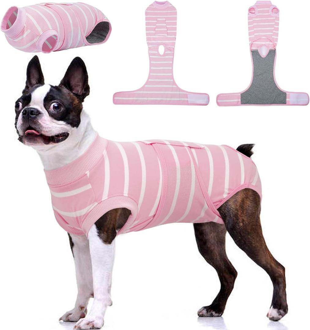 Kuoser Dog Surgery Recovery Suit, Soft Breathable Dog Recovery Suit for Female Spay Male Nueuter, Anti Licking Puppy Onesie Pet Surgical Suit for Dogs Abdominal Wounds Skin Disease, Pink Strips L (Large (Back: 16.1" - 20.1"; Weight: 23 - 48LB))
