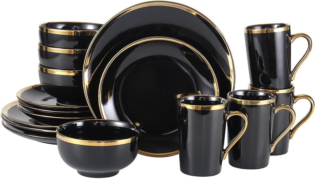 Modern Porcelain 16 Piece Dinnerware Set for 4, Black and Gold Plates and Bowls Set - Service Includes Mugs, Elegant Chip Resistant Dishwasher Safe Complete Dish Set