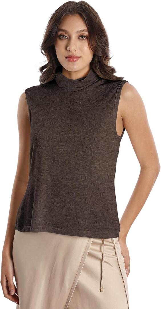 Women's Wool Sweater Vest Lightweight Turtleneck Sleeveless Knit Pullover Tank Tops (Brown, M)