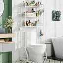 Simple Trending Over The Toilet Storage Rack, Metal 3 Tier Bathroom Organizer Shelf with Paper Holder and 3 Hooks, Freestanding Shelf Space Saver Above Toilet, White