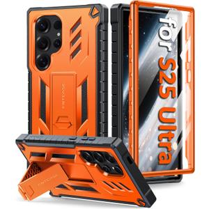 FNTCASE for Samsung Galaxy S25-Ultra Case: with [Built-in Screen Protector & Kickstand] [Military-Grade Drop Protection] Heavy Duty Protective Full Body Shockproof Rugged Sturdy TPU Phone Cover Orange