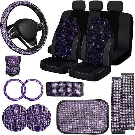 Bling Car Seat Covers Set, Diamond Accessories Rhinestone Crystal Steering Wheel Cover, Velvet Breathable (Purple, Half Part Bling)