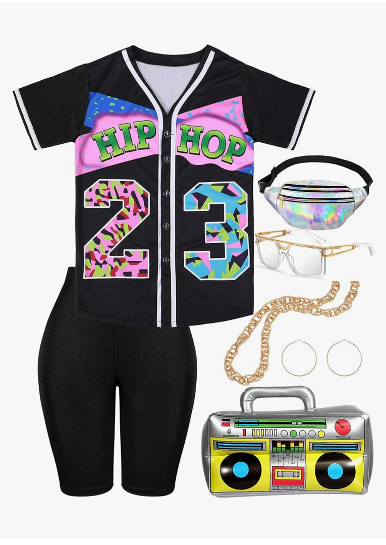 80s/90s Halloween Outfit for Women Hip Hop Costume Kit 90s Rapper Accessories Baseball Jersey Fanny Pack Yoga Pant, Size -L