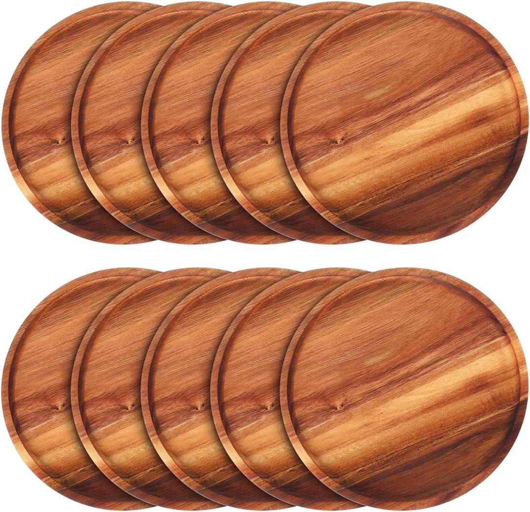 Rtteri 10 Pieces Acacia Round Wood Plates 12 x 0.6 Inch Dinner Plates Wooden Charger Platter Bulk Easy Cleaning Lightweight Serving Tray for Dishes Snack Dessert
