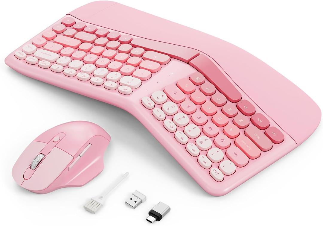 Ergonomic Wireless Keyboard Mouse, Mechanical Gaming Set with Wrist Rest & OTG & Brush Ideal for Windows PC, Home, Office and College Pink