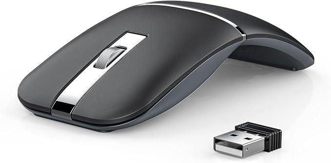 Bluetooth Wireless Arc Travel Mouse, Dual Model (2.4G+BT5.1) Rotating Foldable Mouse for Microsoft, Rechargeable Slim Portable Mice for Laptop, Notebook, PC, MacBook, Chromebook, Lenovo - Black