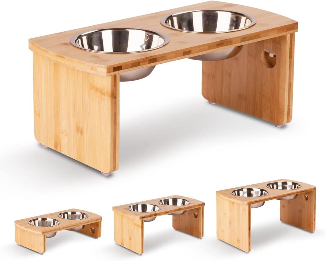 Elevated Dog Bowls, Bamboo Raised Dog Bowl for Medium Dogs, with 2 Stainless Steel Bowls (7'' Tall-40 oz Bowl) (Natural)