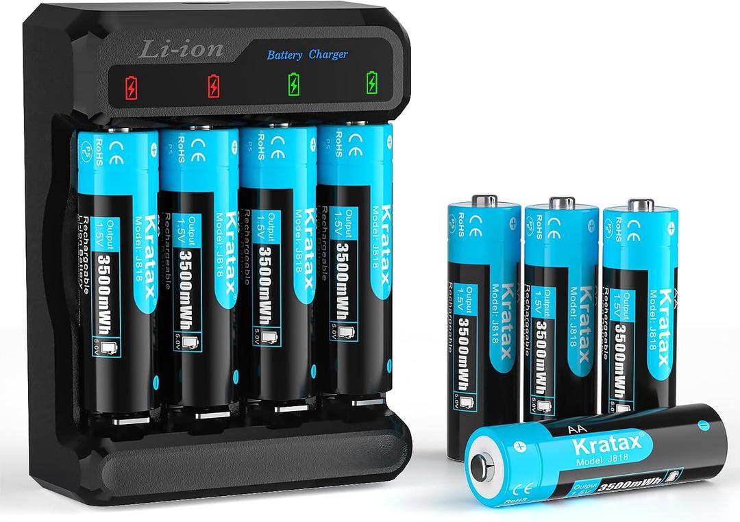 Kratax 1.5V Rechargeable AA Batteries 8 Count 3500mWh AA Rechargeable Lithium Batteries with 2.5h Voice Battery Charger, Long lasting and Constant Voltage Output for Controllers, Toys, Remote Controls