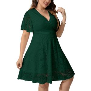 SCOMCHIC Women Plus Size Lace Cocktail Dresses Faux Wrap V Neck Short Sleeve Flowy A Line Wedding Guest Midi Dress (XL)