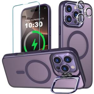 for iPhone 16 Pro MagSafe Case with Metal Camera Stand Ring Sturdy, Ultra Magnets Matte Translucent Slim Shockproof with 1 Screen 1 Camera Lens Protector for iPhone 16 Pro 6.3"(Deep Purple)
