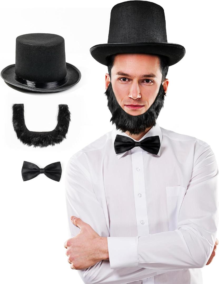 Abraham Lincoln Costume - 3 Pcs Black Top Hat Set with Authentic Beard and Traditional Bowtie - Historic Presidents Day Costume for Adults
