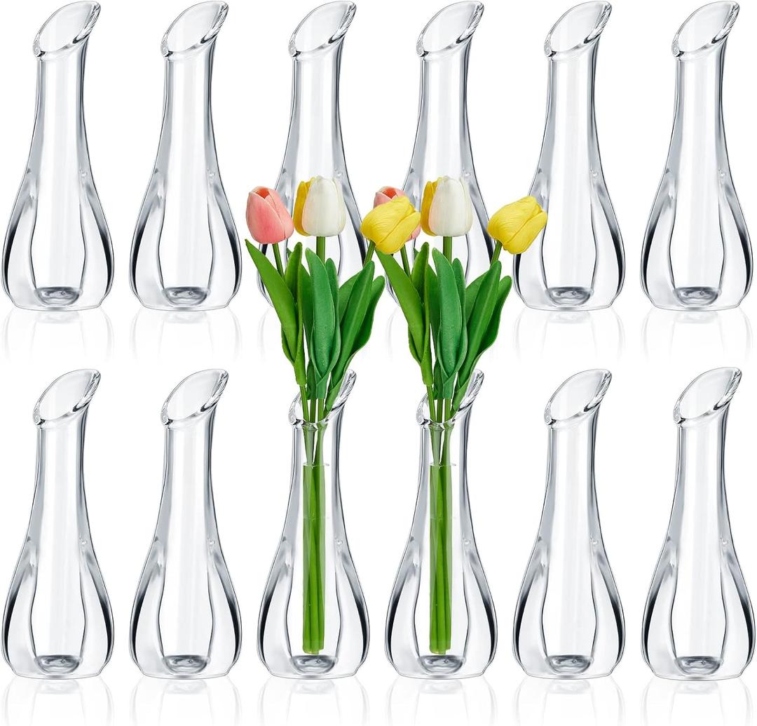 Mumufy 12 Pcs Acrylic Glass Bud Vases for Centerpiece Christmas Clear Plastic Bud Vase Crystal Acrylic Vase Small Break Resistant Flower Vase for Rose Home Decoration (Classic, 2.17 x 5.91 Inch)