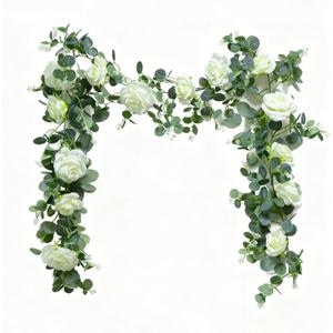 6FT Artificial Eucalyptus Garland with 14 Fake White Rose Flowers - Floral Greenery Decoration Vine for Wedding Centerpieces, Table Runner, Backdrop, Arch Wall Decor,Indoor/Outdoor (1 PCS)