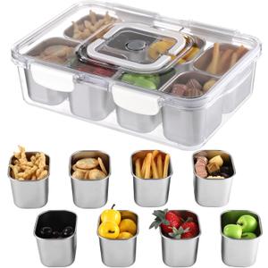 Snack Box Container with 8 Compartments, Stainless Steel Divided Serving Tray with Lid and Handle for Fruit Candy Parties Picnics, 4200 ml, Transparent Plastic Top