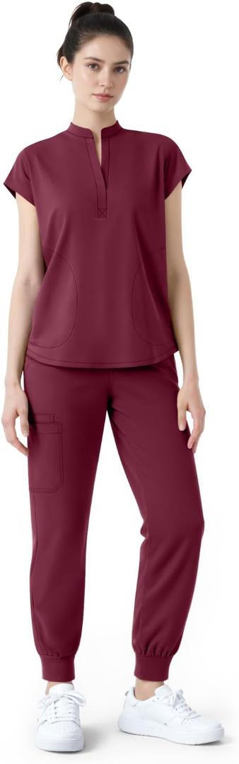 Scrubs for Women Set,Soft Mock Collar Scrub Top & Jogger Scrub Pant,8 Pockets,Relaxed Fit Stretch Nurse Uniform Sets, L
