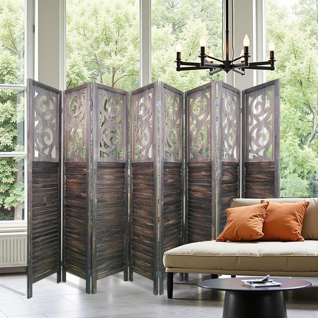 Lyngins Room Divider 8 Panel Wood Carved Room Dividers 5.6FT Hollow Carving Screen, Folding Privacy Screens Portable Freestanding Partition Wall Divider for Bedroom, Bathroom, Office, Rustic Brown