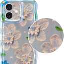 Jusy Compatible with iPhone 12, Colorful Retro Oil Painting Printed Flower Laser Glossy Pattern Cute Curly Wave Phone Case Soft TPU Cover for Girly Women - Blue Flower