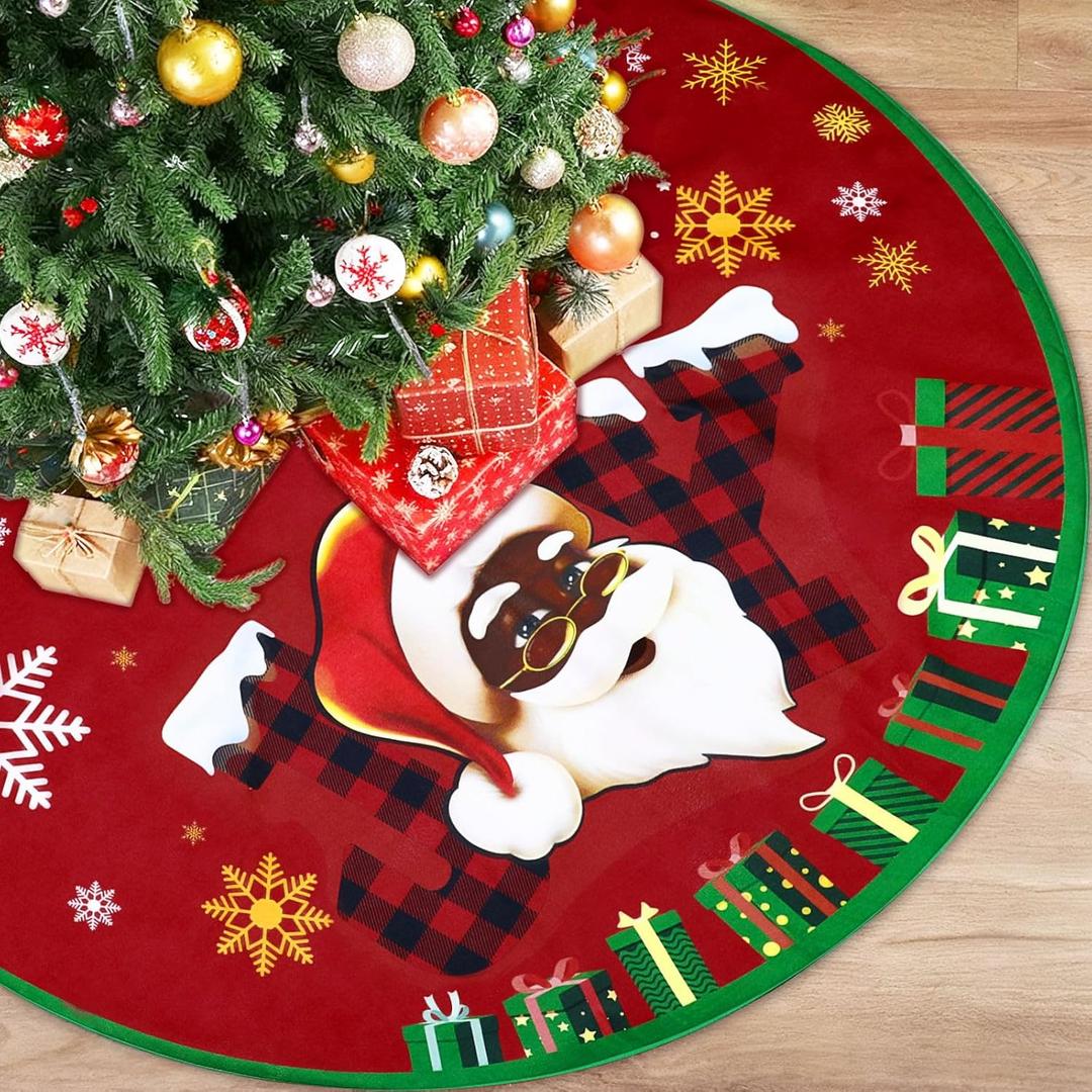 48 Inch Black Santa Christmas Tree Skirt, African American Christmas Decorations Red Tree Skirt with Santa Snowflake Gift Design, Xmas Tree Decorations for Holiday Winter Party Home Indoor Outdoor