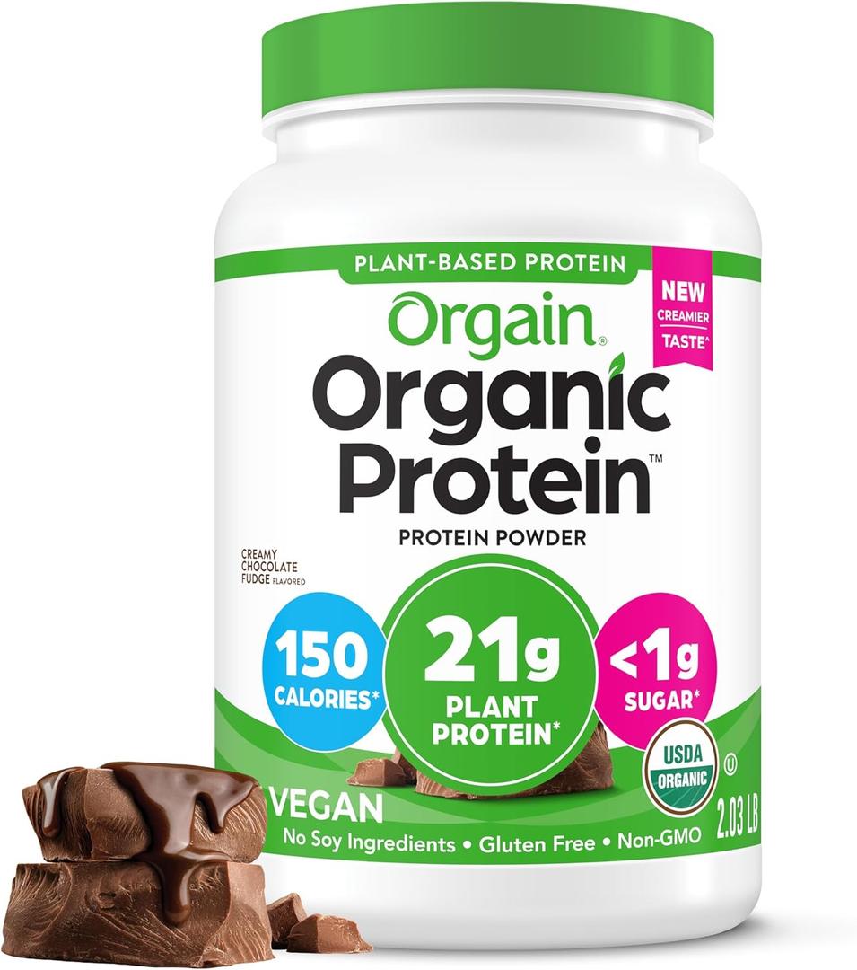 Orgain Organic Vegan Protein Powder, Creamy Chocolate Fudge - 21g Plant Protein, 6g Prebiotic Fiber, Low Net Carb, No Lactose Ingredients, No Added Sugar, Non-GMO, For Shakes & Smoothies, 2.03 lb, Best By: 03-04-27