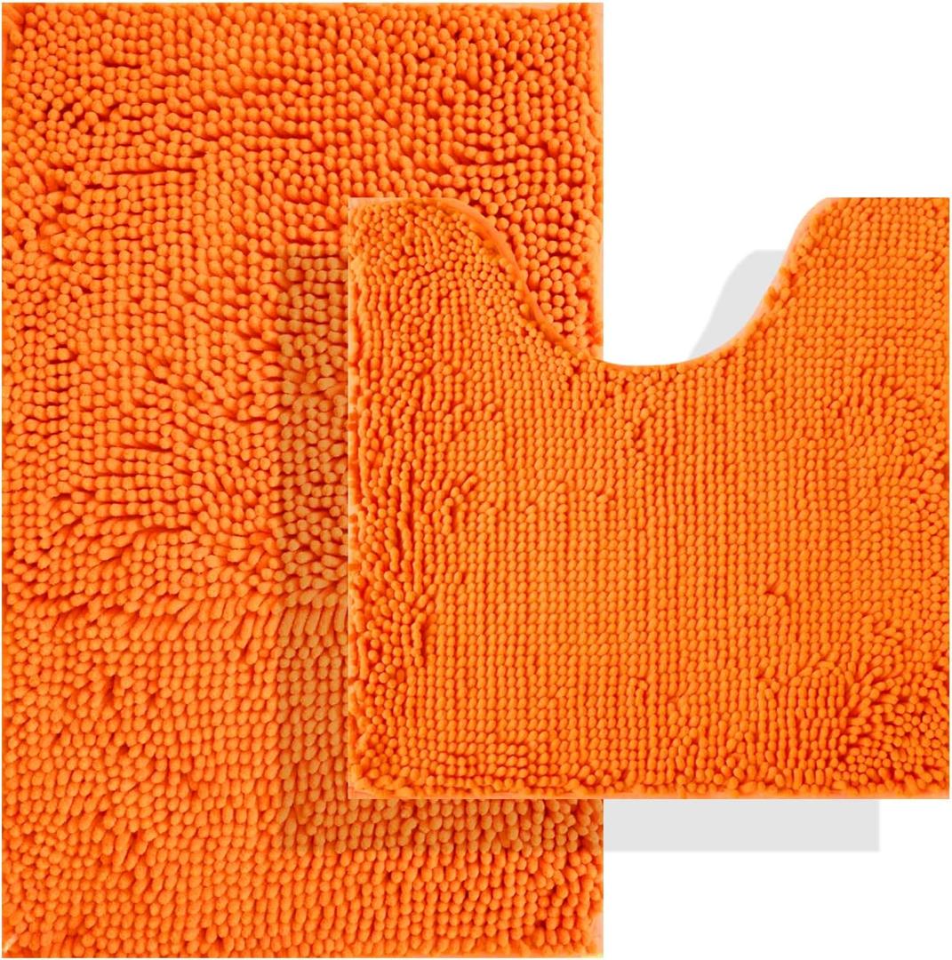 BOANKODU Bath Mat Sets 2 Piece, Soft Chenille Absorbent Non-Slip Mat, 32x20 U Shape + 20x20 Inch; Machine Washable (Orange)