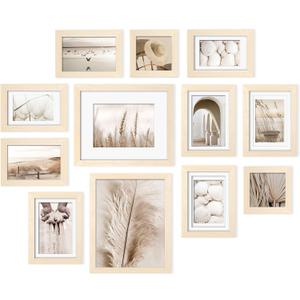 Egofine Picture Frame Set 12 Pack, Picture Frames Collage Wall Decor with Two 8x10, Four 5x7, Four 4x6, Two 4x4 for Wall and Tabletop, Made of Solid Wood, Covered by Plexiglass, Natural Wood