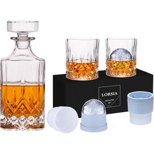 Whiskey Decanter Set with Gift Box - Includes 2 Crystal Bourbon Glasses and 2 Big Ice Ball Molds - Whiskey Glasses Set for Scotch, Cocktails, Rum, Cognac, Vodka - Unique Gift for Men