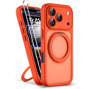 Magnetic for iPhone 17 Pro Max Case 2 x Screen Protector Compatible with MagSafe Translucent Matte Military Grade 17FT Drop Shockproof Full Camera Protection 360 Spin Stand Phone Cover Orange