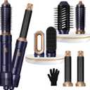 6 in ONE Blow Dryer Brush, Curling Wand Hair Styling Tools Set, Ionic Hot Air Hair Dryer, Massage Oval Hair Dryer, Left&Right Hair Curlers 100-120V (Blue Gold)