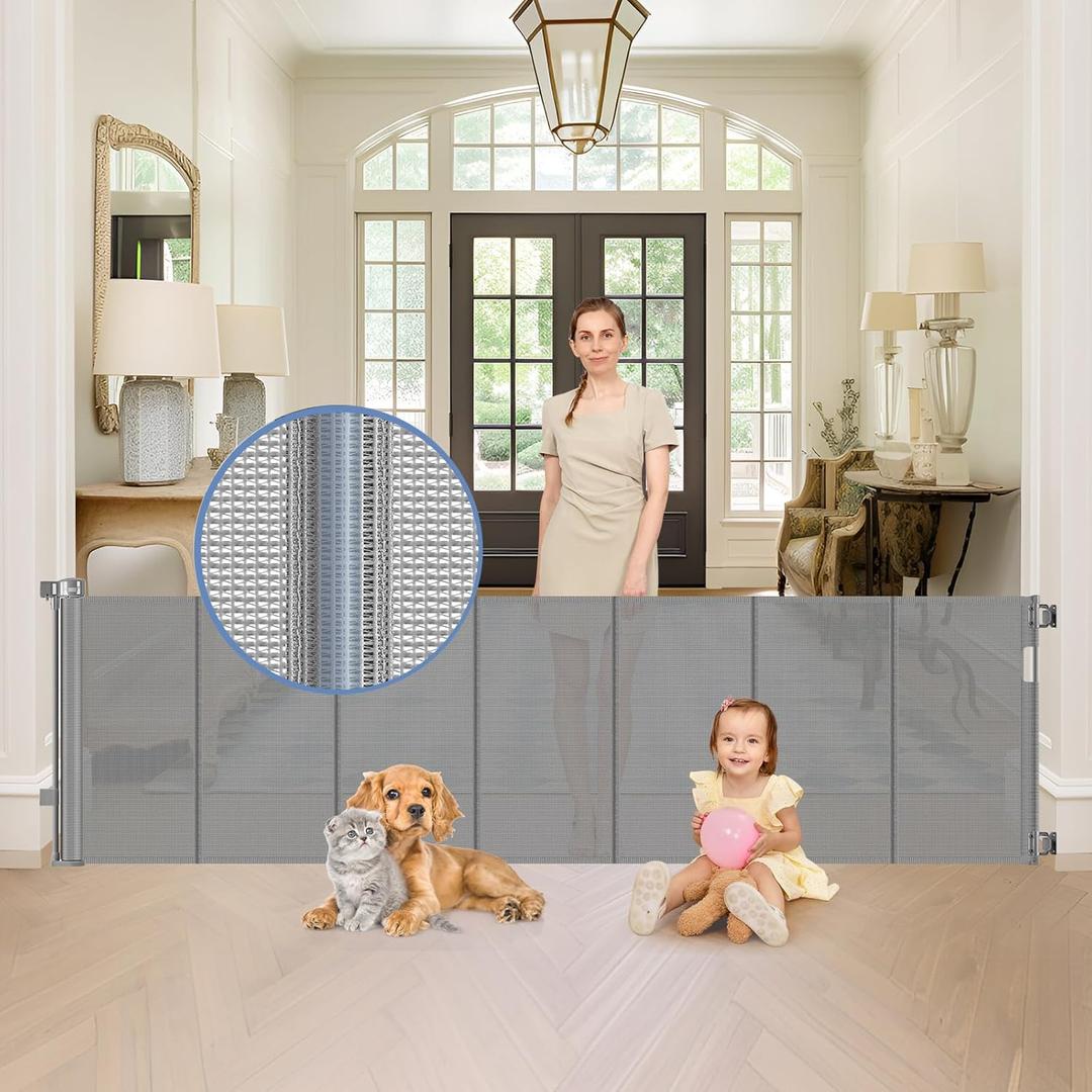 Reinforced bottom 90 Inch Extra Wide Baby Gate for Large Openings Retractable Baby Gates Extra Wide Upgraded Spring Retractable Dog Gate for Doorways Extra Wide Adjustable Bracket Retractable Pet Gate (33" Tall x 90" Wide With Reinforced Strip, Gray)