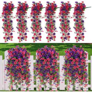 Suncalla 6 Pcs Artificial Fake Hanging Flowers Plants for Outdoor Decoration Red Purple Faux Silk Morning Glory Long Vines Stems UV Resistant Look Real for Spring Summer Outside Home Porch Patio