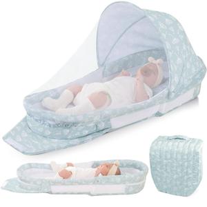 Portable Baby Lounger Bag, Foldabl Babies Nest with 2-in-1 Removable Mosquito Net, Infant Travel Nest Lounger, Easy Setup and Storage for Outdoors Indoors - Baby Registry (Light Green)