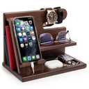 TESLYAR Wood Phone Docking Station for Men - Desktop or Nightstand Organizer - Birthday Gifts for Men, Dad - Anniversary Idea from Wife - Key Holder, Stand Wallet, Watch & Essentials (Bourbon Brown)