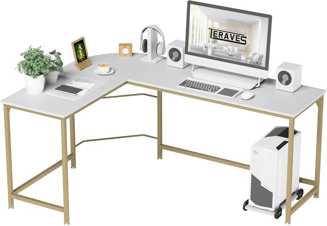 Teraves Reversible L Shaped Desk White - 57.9" Corner Gaming Computer Desk, Office Workstation Modern Home Study Writing Wooden Table (Small, White + Gold Frame)