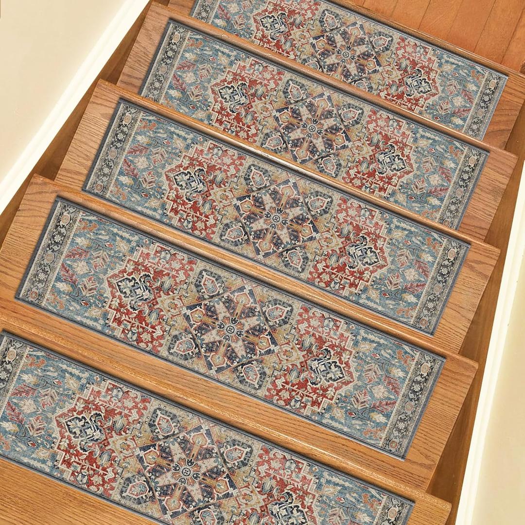 Non-Slip Stair Treads for Wooden Steps, 15PCS Stair Runner Carpets with Adhesive Backing,8"x30" Peel and Stick, Washable & Reusable,Pet-Friendly Safety Mats for Kids, Elders, Dogs (Royalmedallion)