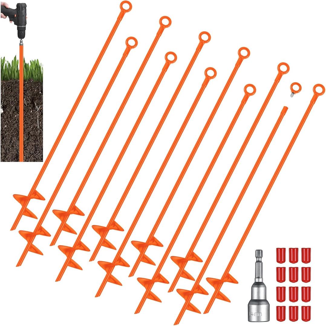 Lasnten 12 Pcs 30 Inch Heavy Duty Ground Anchor Spiral Blade Earth Anchor Kit Metal Anchor Hook Beach Sand Stakes Camping for Securing Animals, Shelters, Tents, Canopies (Orange)