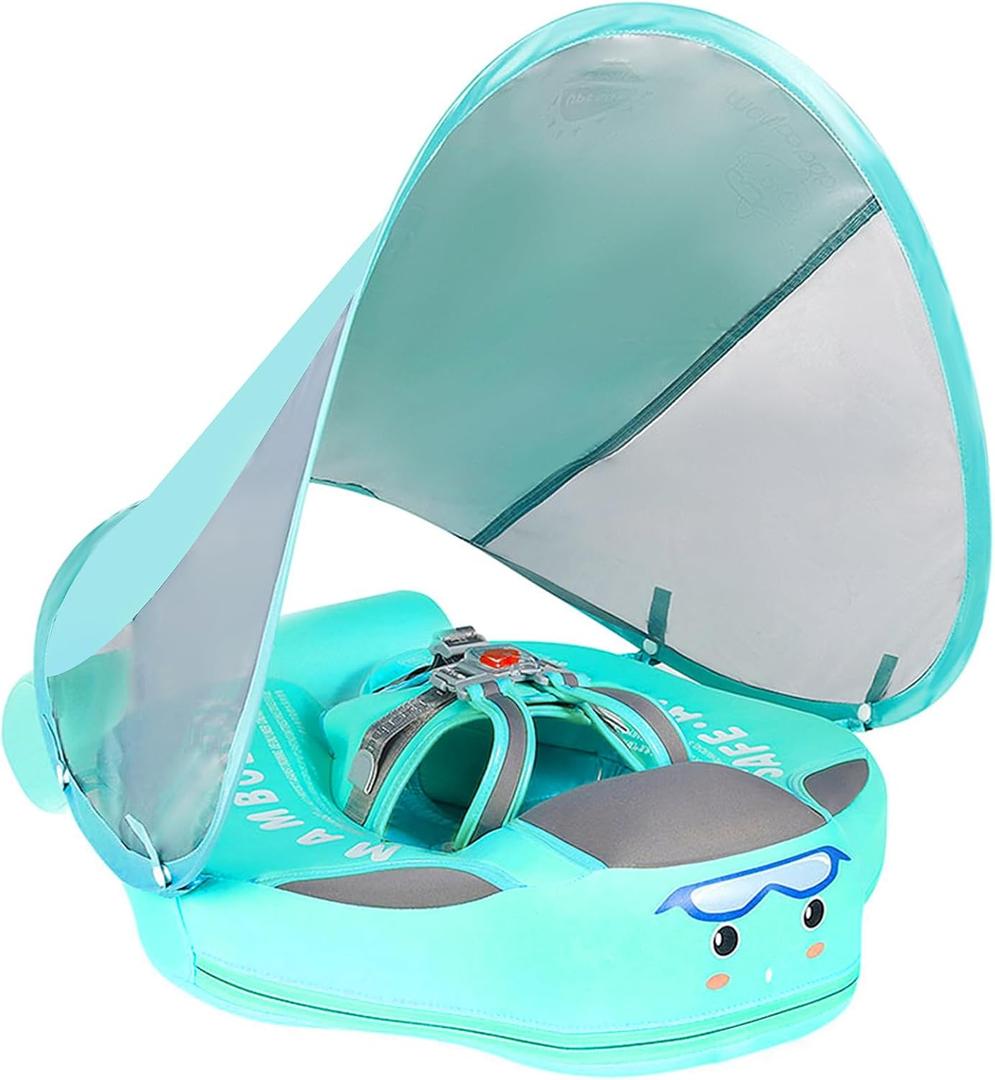 Mambobaby Non-Inflatable Baby Pool Float with Tail and Canopy UPF 50+ Sun Protection No Flip Over Infant Swim Float Skin-Friendly Mambo Float Swim Trainer Solid Baby Swimming Ring Aged 3-24 Months (Classical Green)