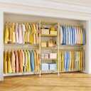 Ulif M2 Wall-Mounted Clothes Rack, Metal Closet System with 4 Expandable Hanger Rods and 5 Metal Shelves, Mount-on-Wall Clothing Storage Organizer in (70.8-102.3)" L x 14.5" D x 71.2" H, Gold