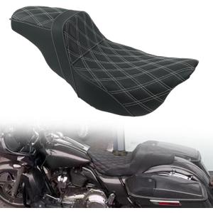 One-Piece Driver & Passenger Seat with Gel Cushion Fit for Harley Touring Electra Glide Road King Road Glide Street Glide 2009-2023 (Diamond + White Line)