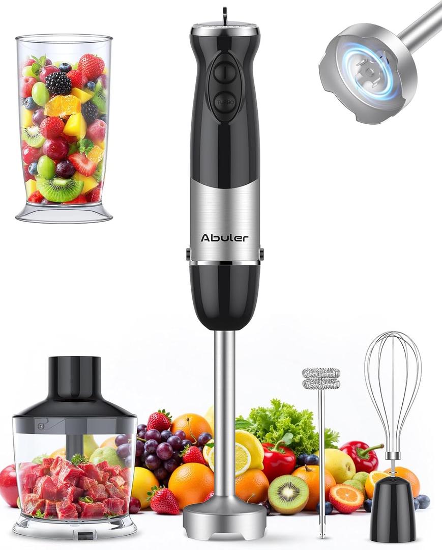Immersion Blender Handheld 1000W 5 in 1 Corded Stick Hand Blender Kitchen with 12 Speed, BPA-Free, Mixing Beaker, Chopper, Whisk, Milk Frother, Perfect Emulsifier for Soup, Baby Food, Sauce, Puree (Black)