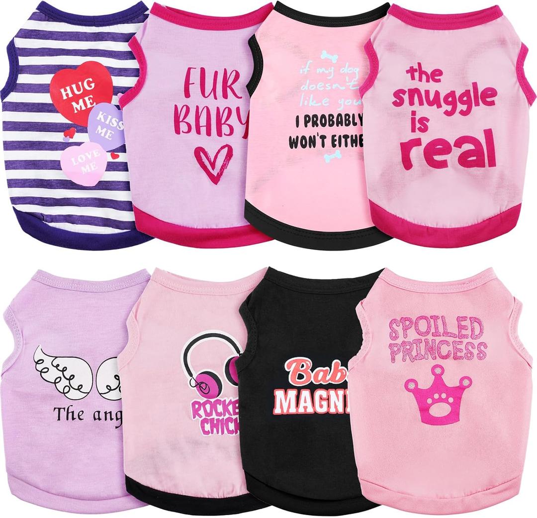 Reginary 8 Pieces Dog Shirts Girl Small Dog Clothes for Chihuahuas Yorkies Female Puppy Shirts Printed Pet Outfit Cute Breathable Soft Valentine's Day Doggie Cat Lovers Gift(Vivid Pattern,Size S)