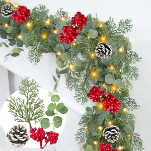 Prelit & Timer - 6 Ft Christmas Garland with Lights, Real Touch Cedar Garland Soft Bendable Eucalyptus Cypress Pine Garland with Pinecone Berry Greenery Christmas Garland for Mantle Fireplace Table