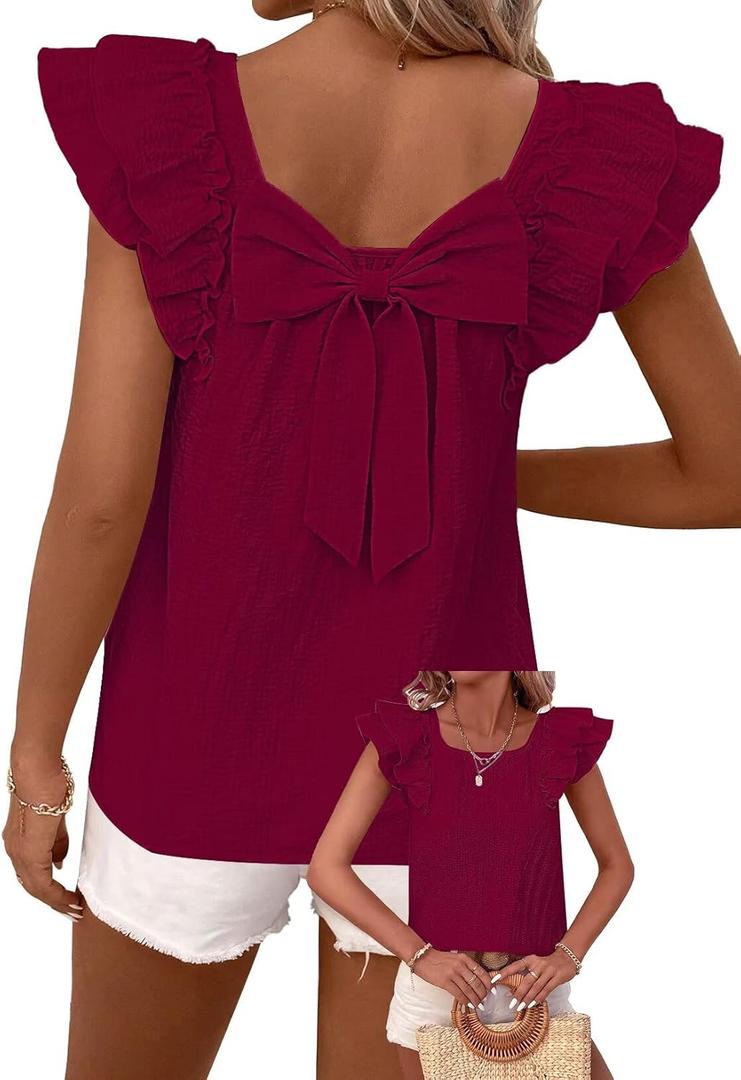 Falechay Womens Summer Tops Cute Crewneck Ruffle Sleeve Clothes Going Out Puffed Short Sleeves Casual Babydoll Teen Wrinkles Loose Fit Shirts 2026 Women Fashion Trendy Top Flowy Tunic Burgundy L