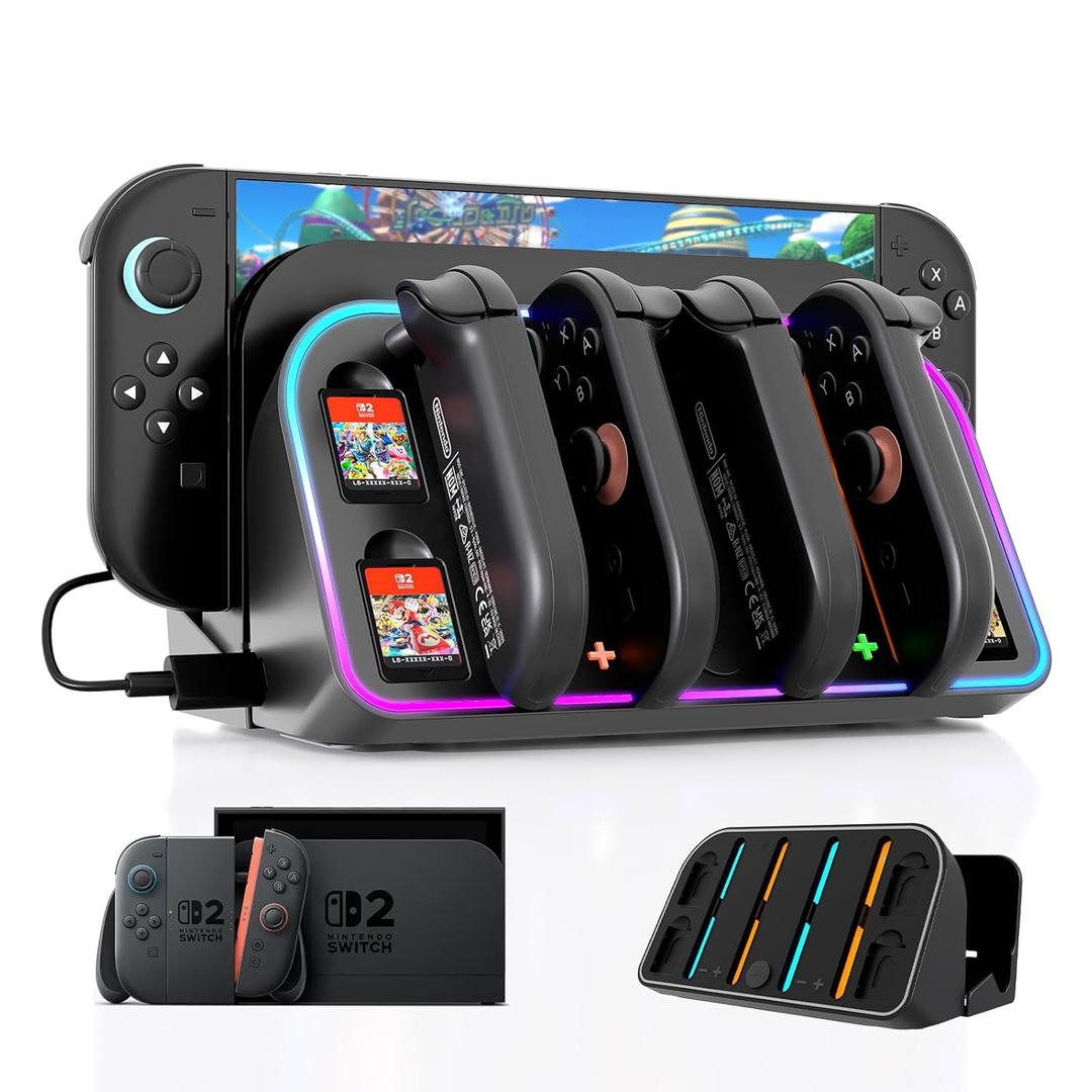 Wall Mount for Nintendo Switch 2 2025 - Switch Wall Mount with RGB Light & Joy Con Charger - 4 Joy Con Charging Ports, 7 RGB Modes Light, 4 Game Card Storage - Magnetic Charging with LED Indicators (3 in 1 Charging Dock)