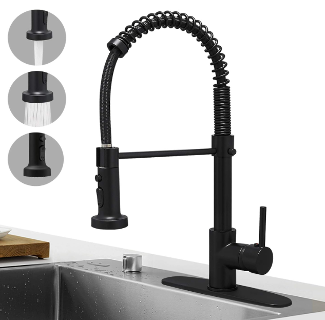 Hoimpro Matte Black Spring Kitchen Faucet with Pull Down Sprayer, Rv Kitchen Sink Faucets with PullDown Sprayer, 3 Function Single Handle Laundry Faucet