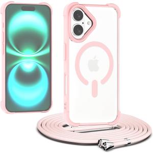 Magnetic Crossbody Lanyard Case for iPhone 16, Ultra Clear Case Compatible with MagSafe Shockproof with Strap Adjustable Neck Cord Necklace Cover for iPhone 16-Pink
